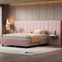 Lit plateforme pleine taille en velours capitonné avec grande tête de lit, meubles de chambre à coucher
