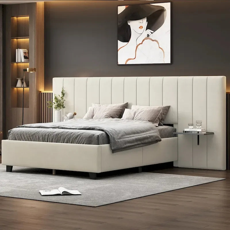 Lit plateforme pleine taille en velours capitonné avec grande tête de lit, meubles de chambre à coucher