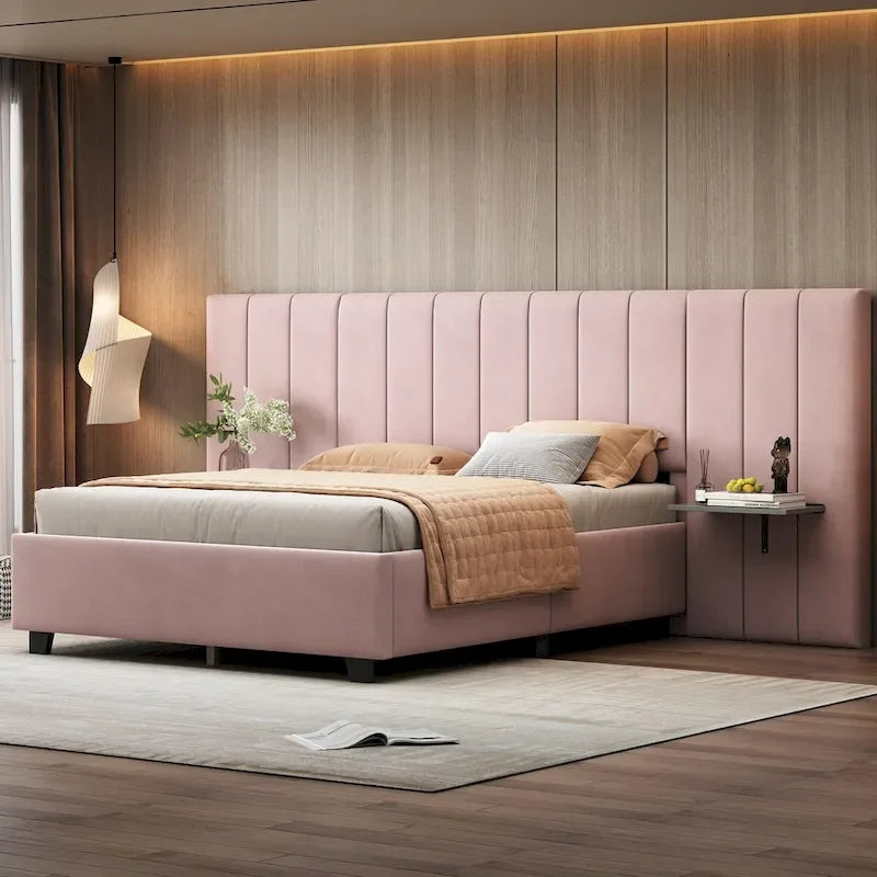 Lit plateforme pleine taille en velours capitonné avec grande tête de lit, meubles de chambre à coucher
