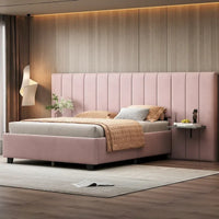 Lit plateforme pleine taille en velours capitonné avec grande tête de lit, meubles de chambre à coucher
