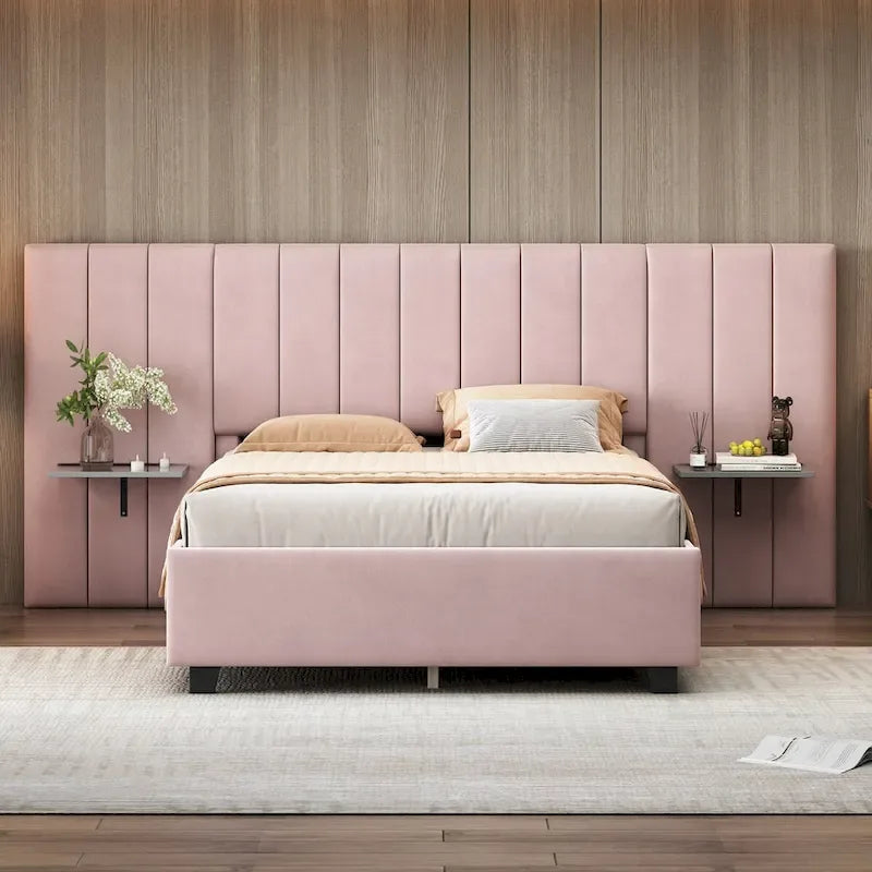 Lit plateforme pleine taille en velours capitonné avec grande tête de lit, meubles de chambre à coucher