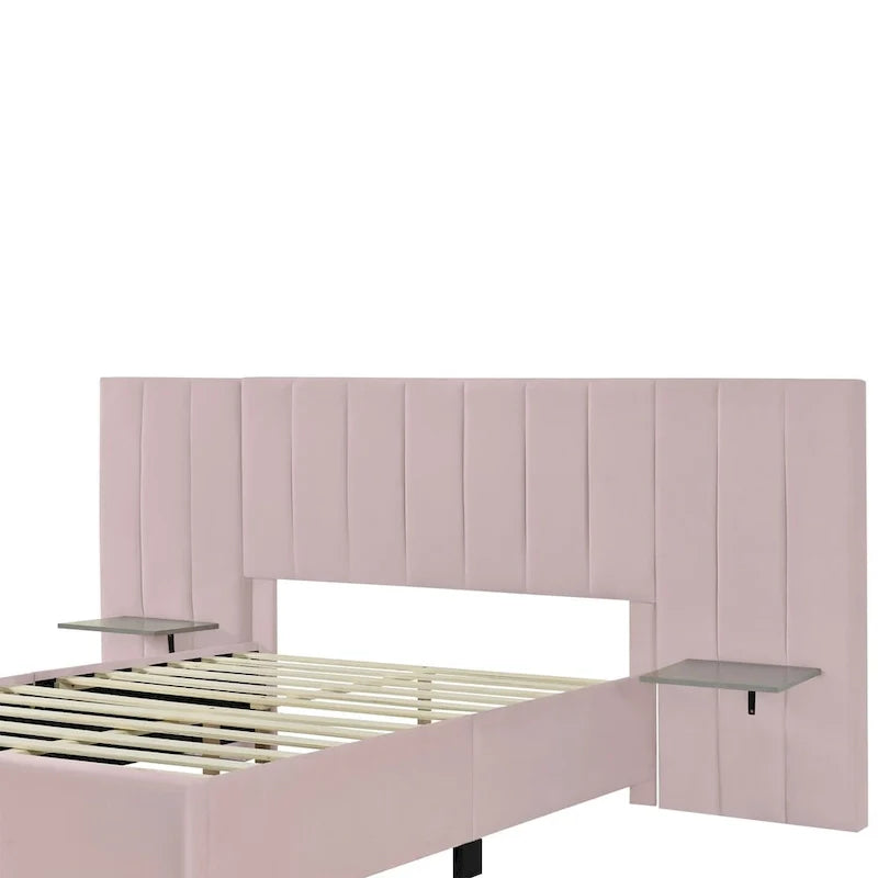 Lit plateforme pleine taille en velours capitonné avec grande tête de lit, meubles de chambre à coucher