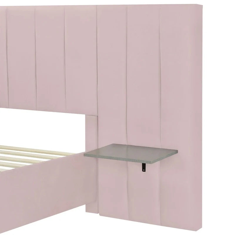 Lit plateforme pleine taille en velours capitonné avec grande tête de lit, meubles de chambre à coucher