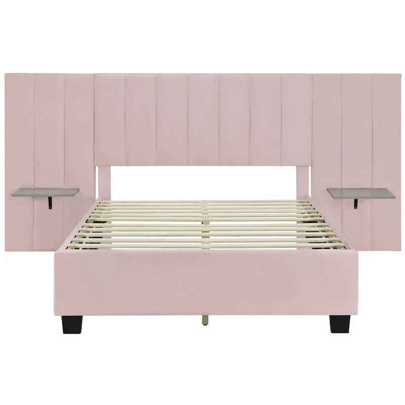 Lit plateforme pleine taille en velours capitonné avec grande tête de lit, meubles de chambre à coucher