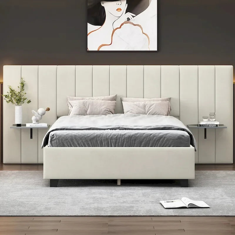 Lit plateforme pleine taille en velours capitonné avec grande tête de lit, meubles de chambre à coucher