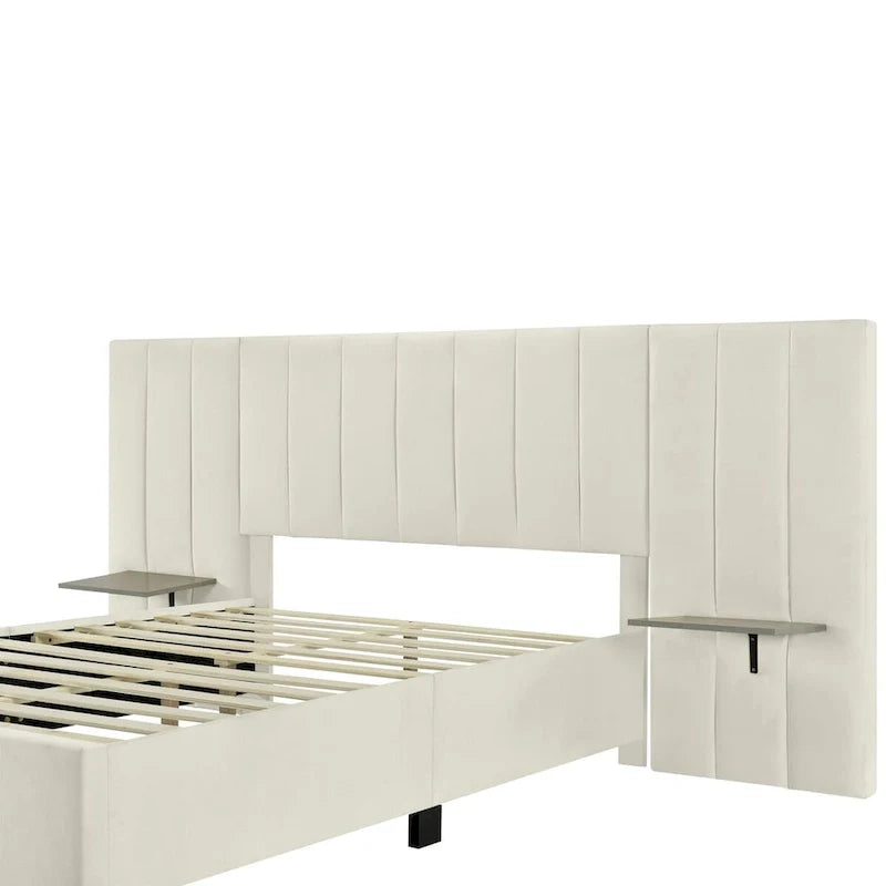 Lit plateforme pleine taille en velours capitonné avec grande tête de lit, meubles de chambre à coucher