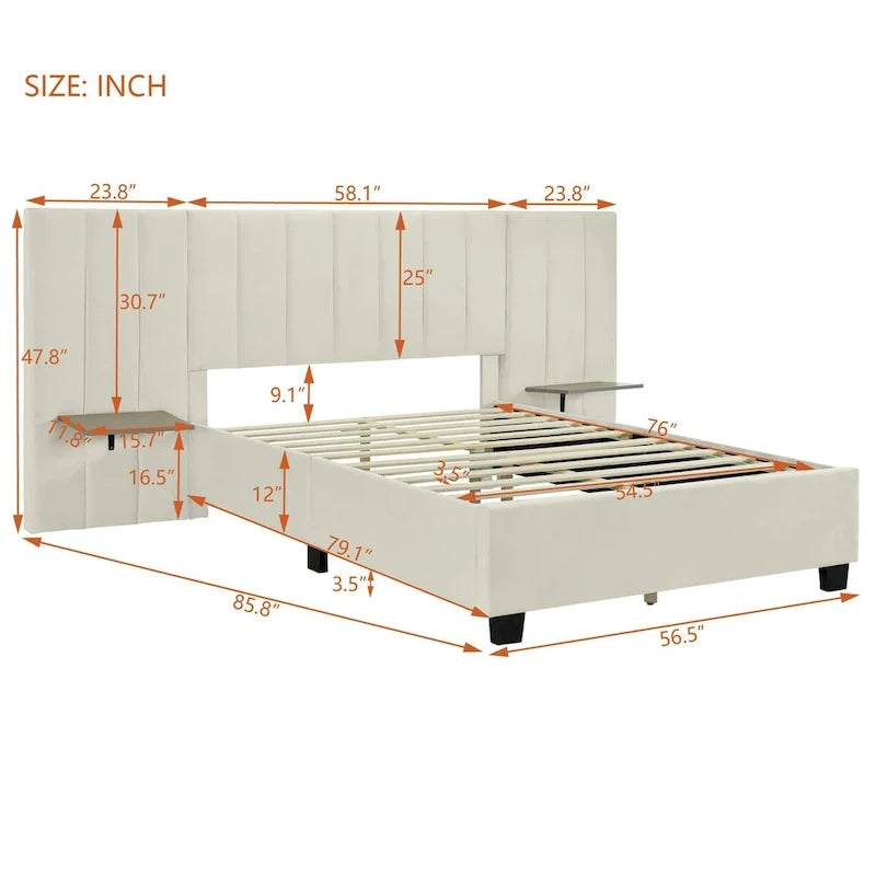 Lit plateforme pleine taille en velours capitonné avec grande tête de lit, meubles de chambre à coucher