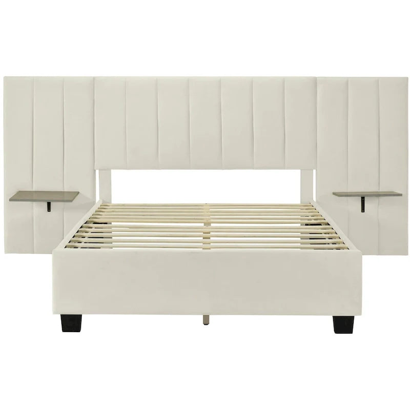 Lit plateforme pleine taille en velours capitonné avec grande tête de lit, meubles de chambre à coucher
