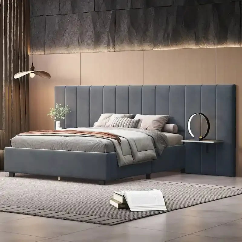 Lit plateforme pleine taille en velours capitonné avec grande tête de lit, meubles de chambre à coucher