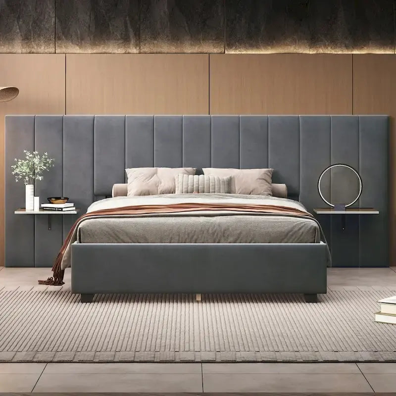 Lit plateforme pleine taille en velours capitonné avec grande tête de lit, meubles de chambre à coucher