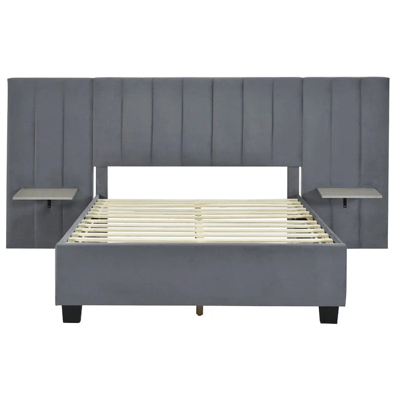 Lit plateforme pleine taille en velours capitonné avec grande tête de lit, meubles de chambre à coucher