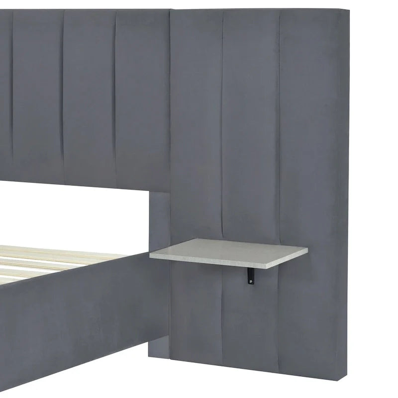Lit plateforme pleine taille en velours capitonné avec grande tête de lit, meubles de chambre à coucher