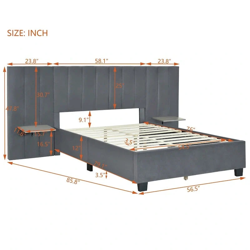 Lit plateforme pleine taille en velours capitonné avec grande tête de lit, meubles de chambre à coucher