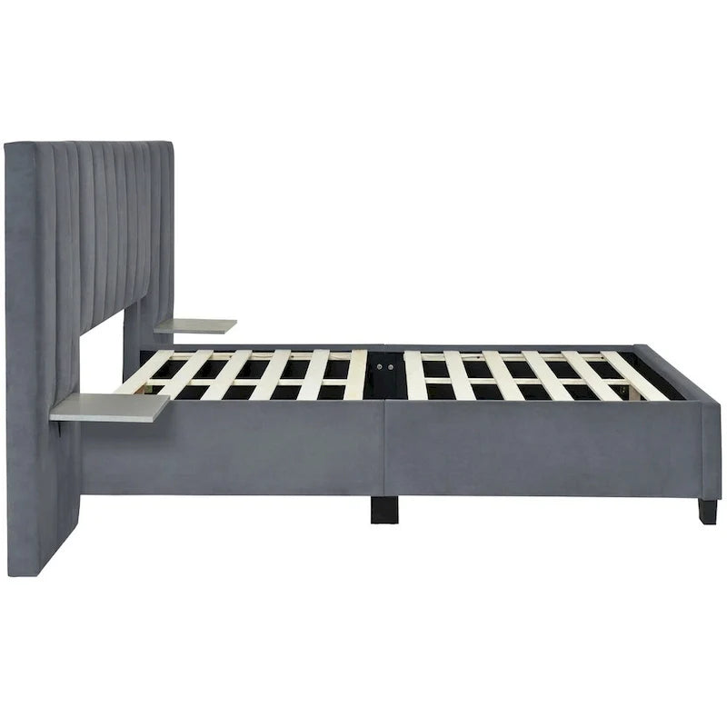 Lit plateforme pleine taille en velours capitonné avec grande tête de lit, meubles de chambre à coucher