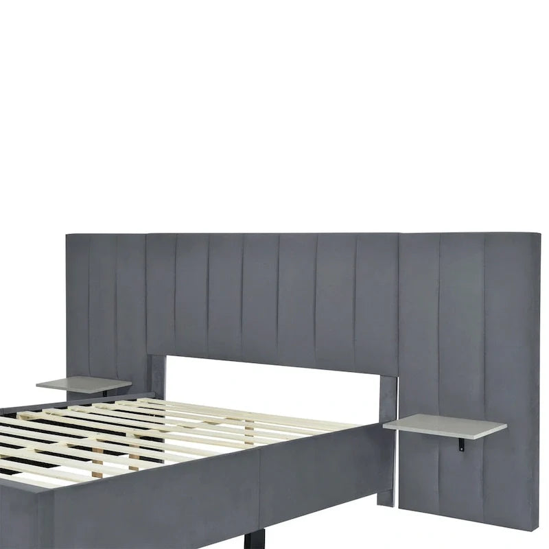 Lit plateforme pleine taille en velours capitonné avec grande tête de lit, meubles de chambre à coucher
