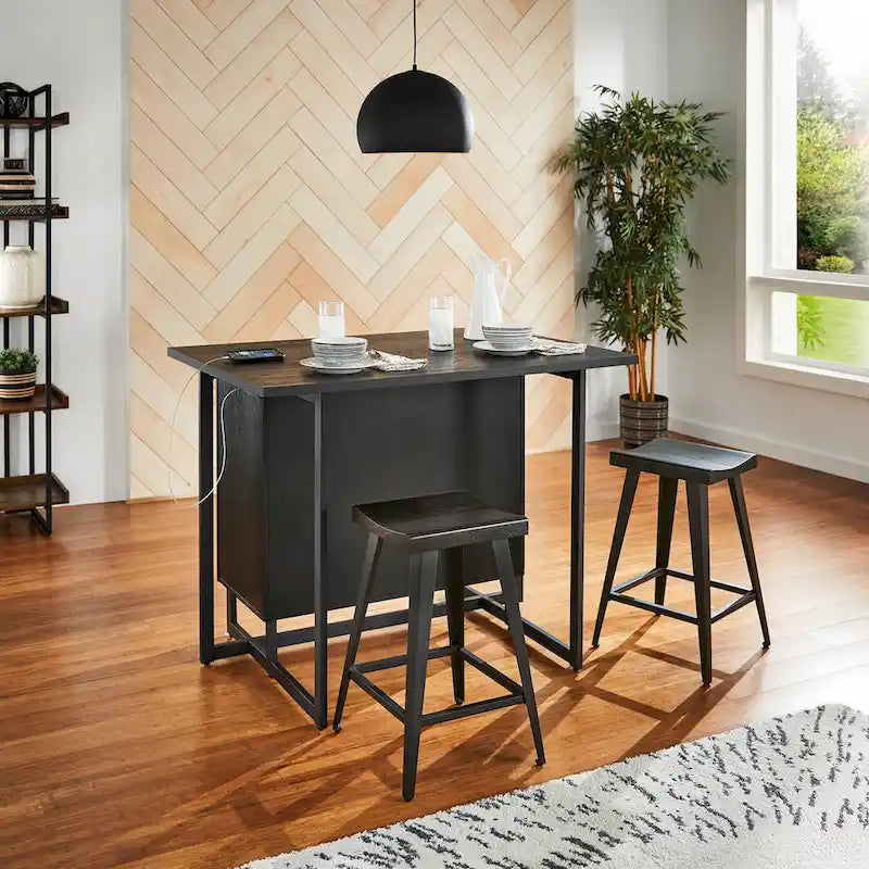 Îlot de cuisine Oyala à finition noire, 2 portes, avec prises électriques et ports USB et 2 tabourets par iNSPIRE Q Modern