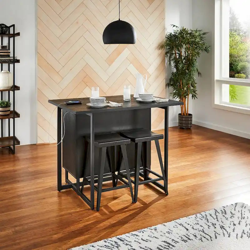 Îlot de cuisine Oyala à finition noire, 2 portes, avec prises électriques et ports USB et 2 tabourets par iNSPIRE Q Modern
