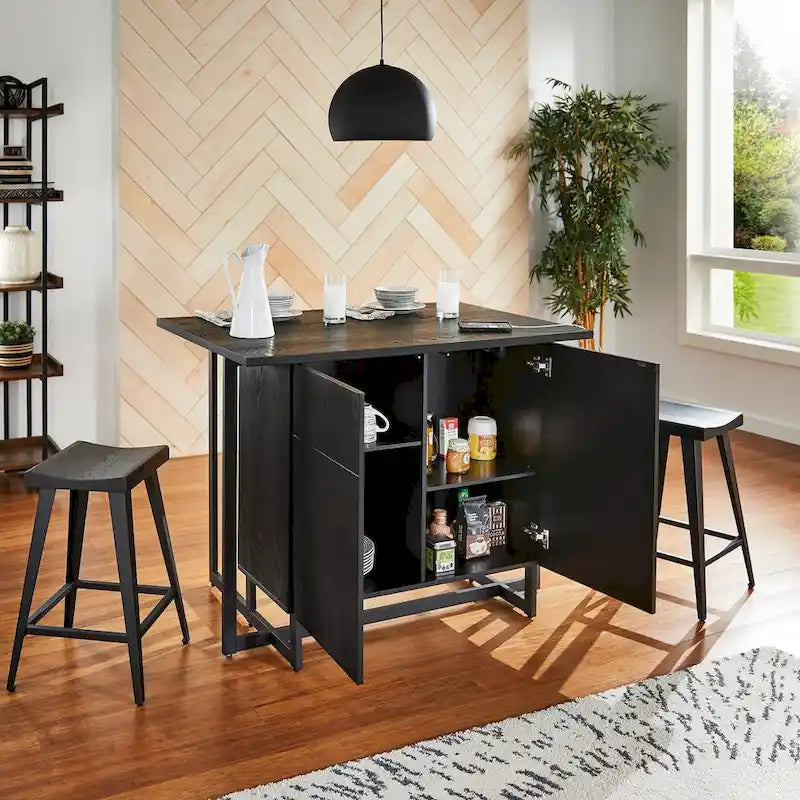 Îlot de cuisine Oyala à finition noire, 2 portes, avec prises électriques et ports USB et 2 tabourets par iNSPIRE Q Modern