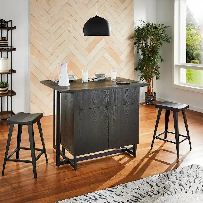 Îlot de cuisine Oyala à finition noire, 2 portes, avec prises électriques et ports USB et 2 tabourets par iNSPIRE Q Modern