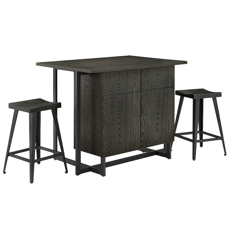 Îlot de cuisine Oyala à finition noire, 2 portes, avec prises électriques et ports USB et 2 tabourets par iNSPIRE Q Modern