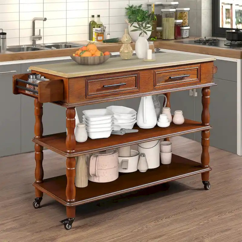 Îlot de cuisine roulant avec rangement, roulettes, porte-bouteilles et étagère à épices