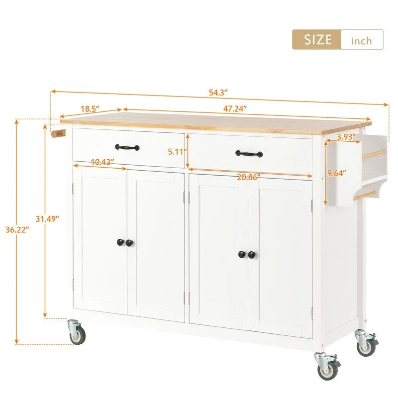 Îlot de cuisine mobile avec plateau en bois massif, 2 tiroirs et porte-serviettes, sur roulettes verrouillables
