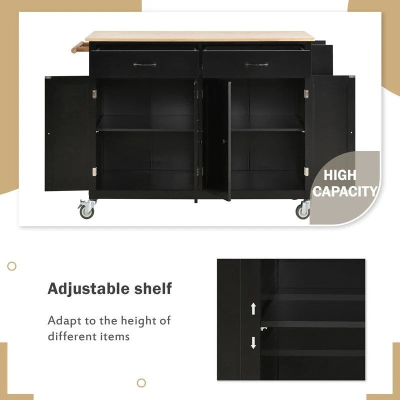 Îlot de cuisine mobile avec plateau en bois massif, 2 tiroirs et porte-serviettes, sur roulettes verrouillables