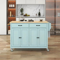 Îlot de cuisine mobile avec plateau en bois massif, 2 tiroirs et porte-serviettes, sur roulettes verrouillables