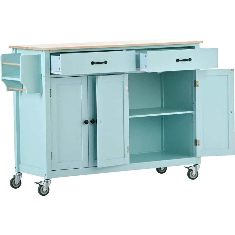 Îlot de cuisine mobile avec plateau en bois massif, 2 tiroirs et porte-serviettes, sur roulettes verrouillables