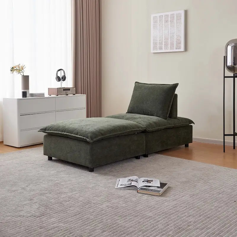 Fauteuil d'appoint sans accoudoirs, canapé une place avec pouf - design compact, assise gain de place pour salon et chambre