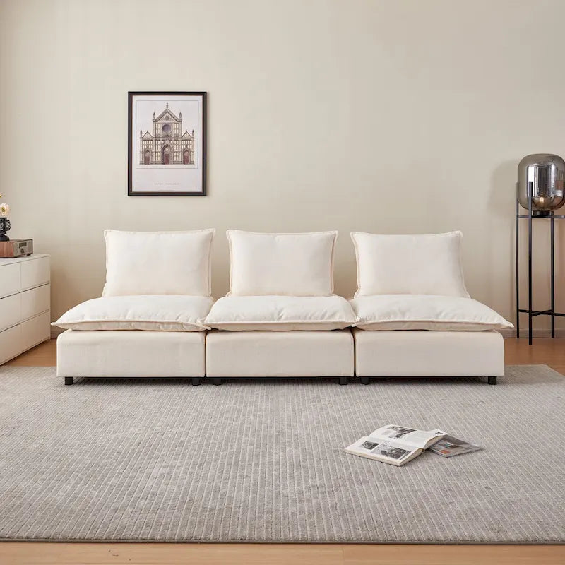 Fauteuil d'appoint sans accoudoirs, canapé une place avec pouf - design compact, assise gain de place pour salon et chambre