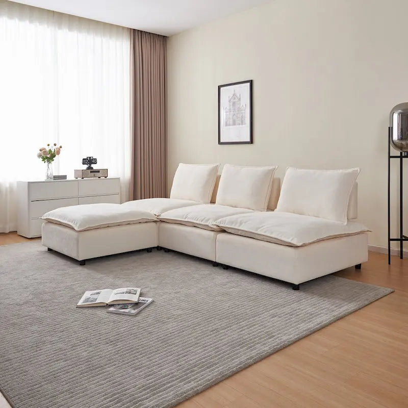 Fauteuil d'appoint sans accoudoirs, canapé une place avec pouf - design compact, assise gain de place pour salon et chambre