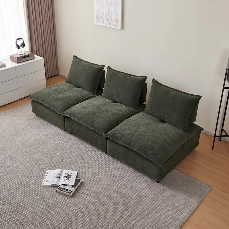 Fauteuil d'appoint sans accoudoirs, canapé une place avec pouf - design compact, assise gain de place pour salon et chambre