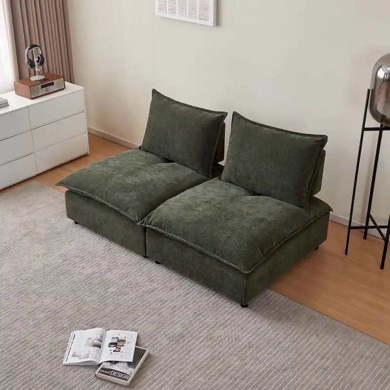 Fauteuil d'appoint sans accoudoirs, canapé une place avec pouf - design compact, assise gain de place pour salon et chambre