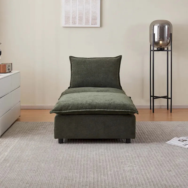 Fauteuil d'appoint sans accoudoirs, canapé une place avec pouf - design compact, assise gain de place pour salon et chambre