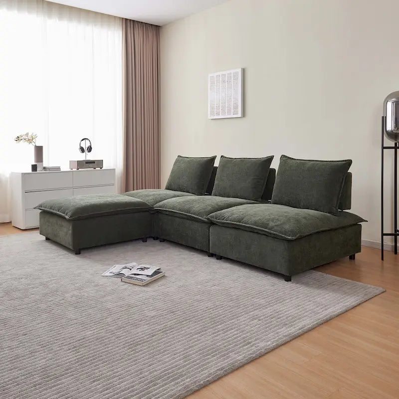 Fauteuil d'appoint sans accoudoirs, canapé une place avec pouf - design compact, assise gain de place pour salon et chambre