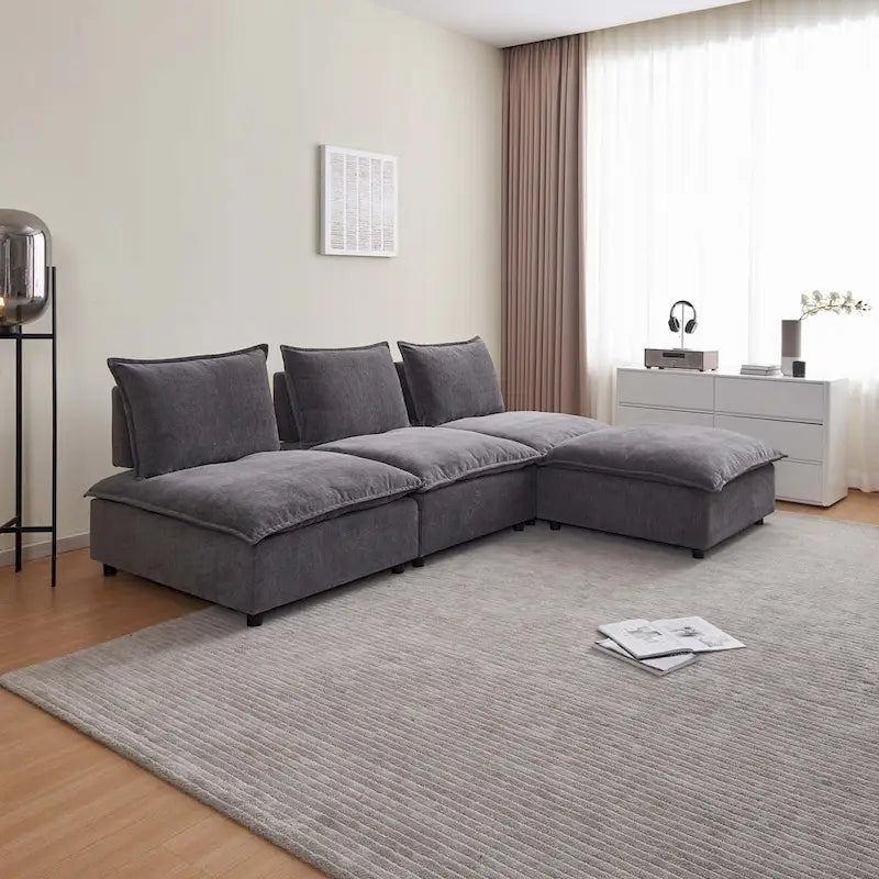 Fauteuil d'appoint sans accoudoirs, canapé une place avec pouf - design compact, assise gain de place pour salon et chambre