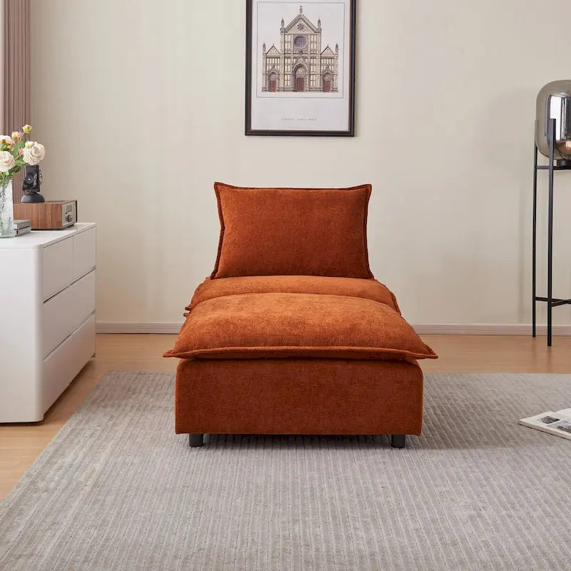 Fauteuil d'appoint sans accoudoirs, canapé une place avec pouf - design compact, assise gain de place pour salon et chambre