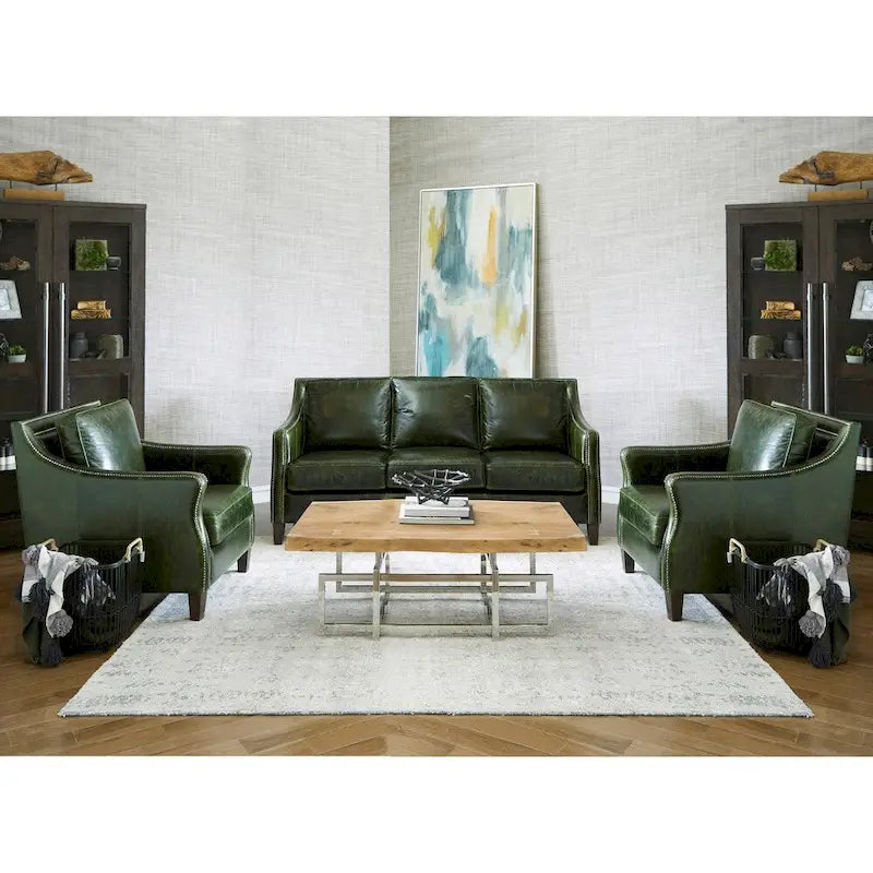 Ensemble Canapé Essex et Deux Fauteuils en Cuir Pleine Fleur Vert Vieilli