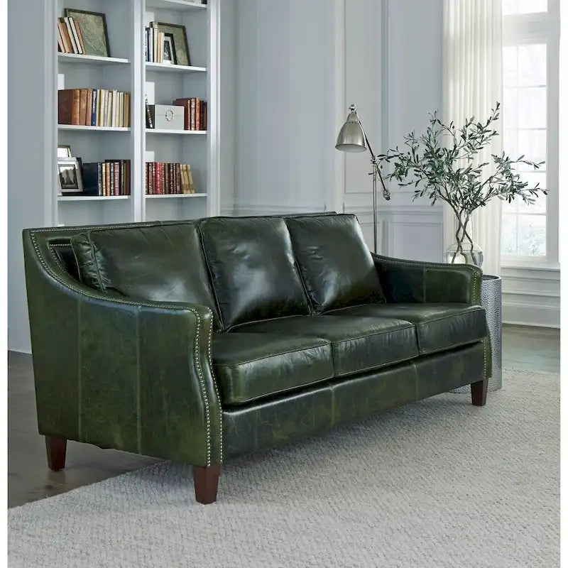 Ensemble Canapé Essex et Deux Fauteuils en Cuir Pleine Fleur Vert Vieilli