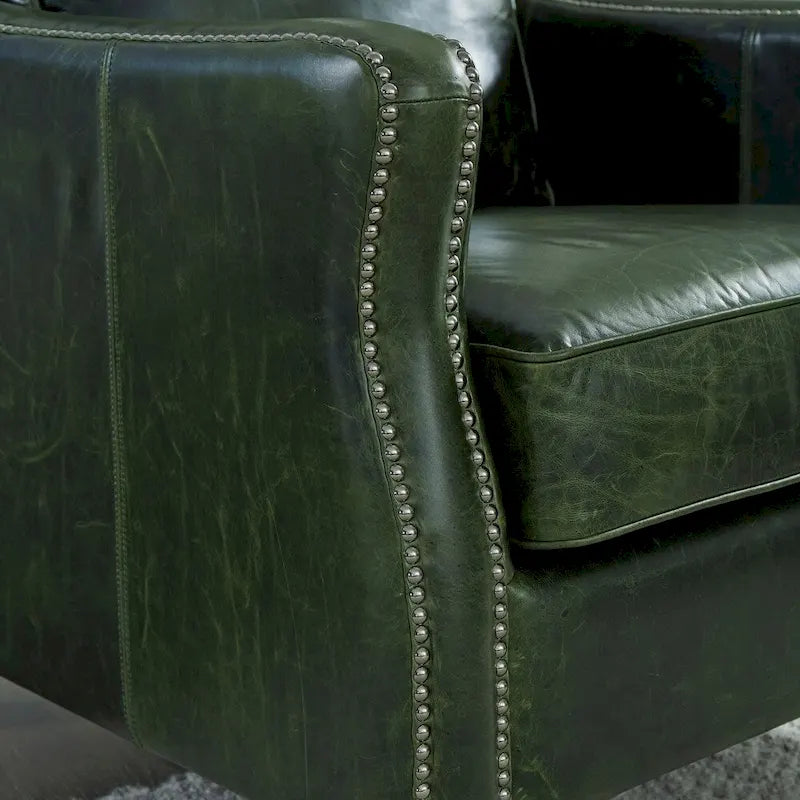 Ensemble Canapé Essex et Deux Fauteuils en Cuir Pleine Fleur Vert Vieilli