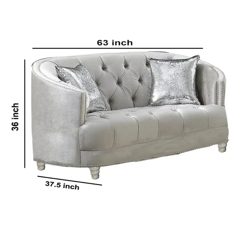 Causeuse en bois avec détails capitonnés à boutons profonds et bordures à clous, gris