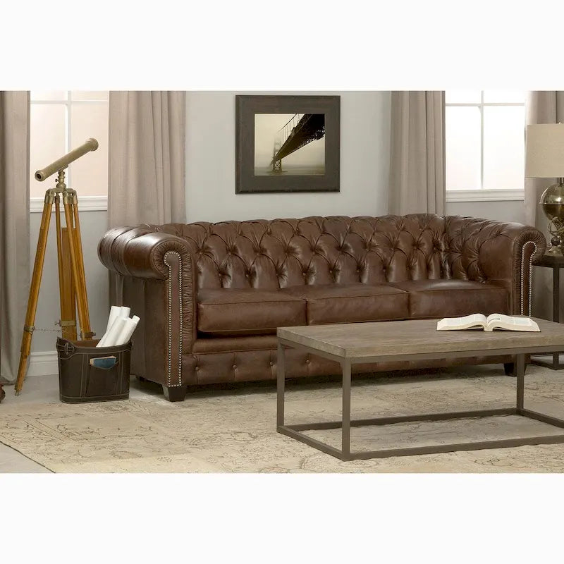 Canapé Chesterfield en cuir marron vieilli Hancock touffeté