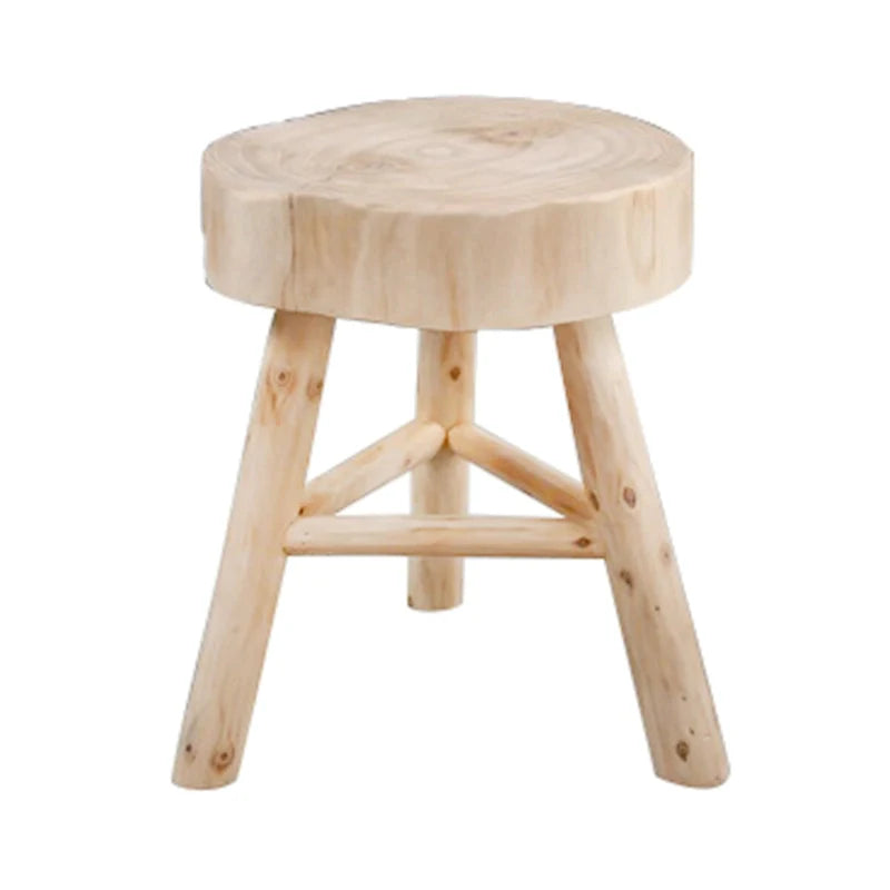 Tabouret en bois de 16 po avec plateau rond à bord vif et repose-pieds triangulaire, finition naturelle. Parfait pour un supplément de