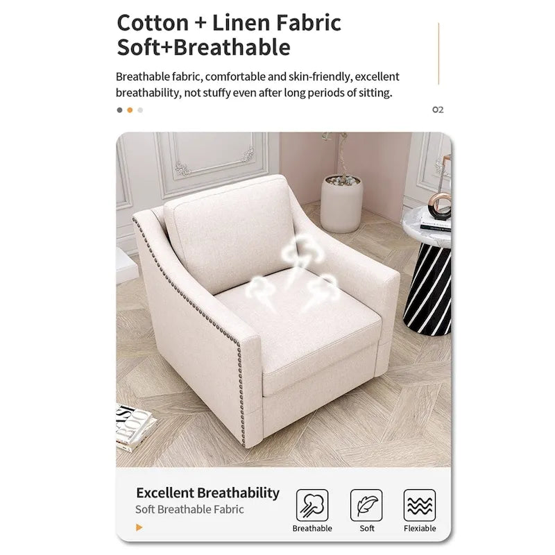 Fauteuil pivotant moderne en mélange de lin et velours doux, ergonomique