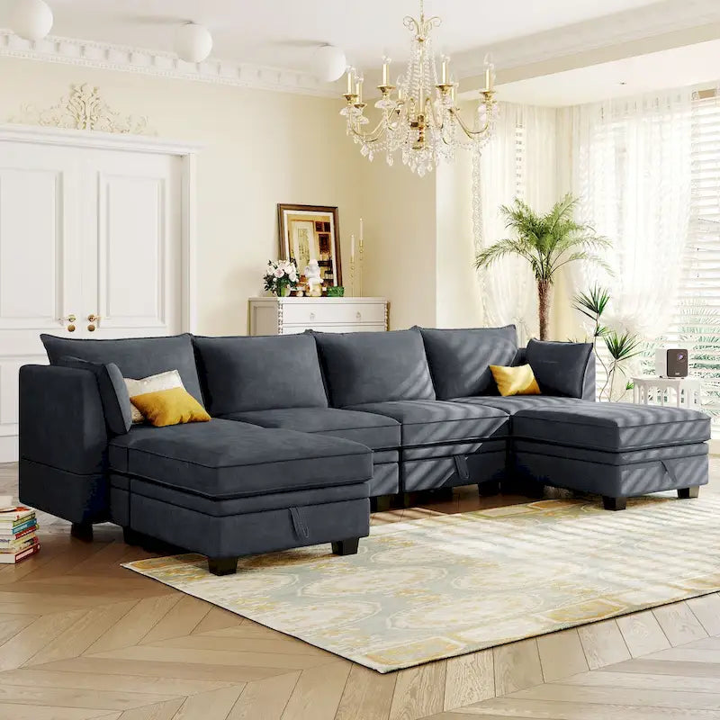 Canapé Sectionnel Modulable Moderne en Forme de U, Canapé-Lit Convertible avec Méridienne Réversible pour Salon, Assise de Rangement, 6 pièces