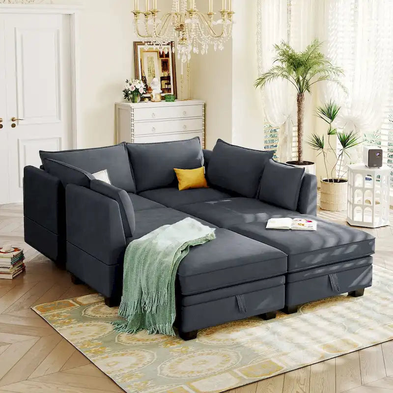Canapé Sectionnel Modulable Moderne en Forme de U, Canapé-Lit Convertible avec Méridienne Réversible pour Salon, Assise de Rangement, 6 pièces