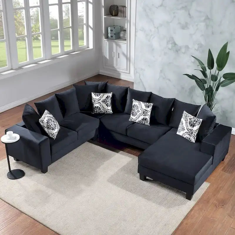 Canapé sectionnel moderne en forme de U, canapé d'angle en velours avec de nombreux coussins inclus