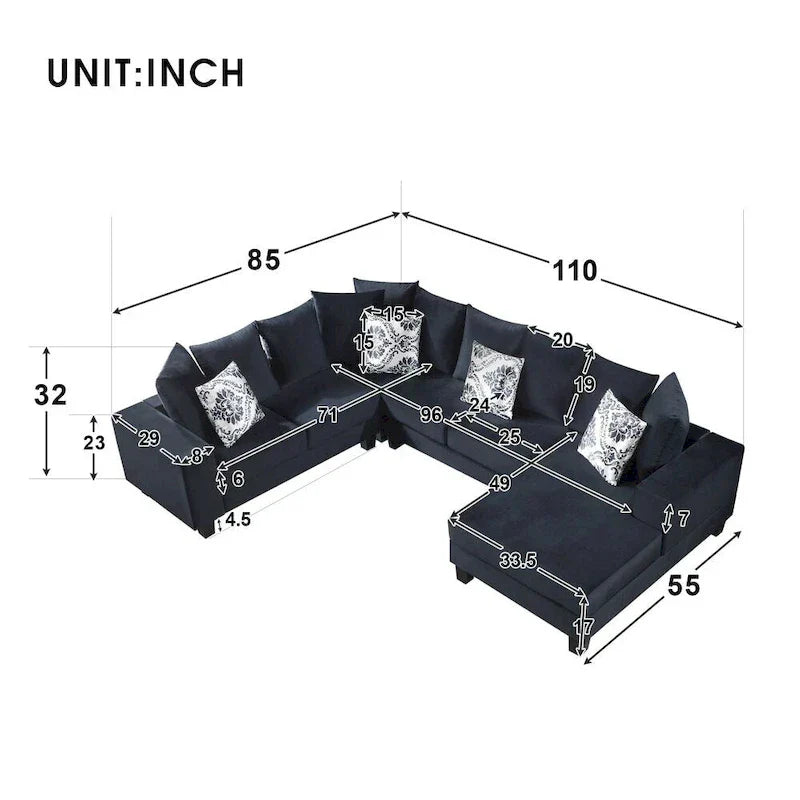 Canapé sectionnel moderne en forme de U, canapé d'angle en velours avec de nombreux coussins inclus