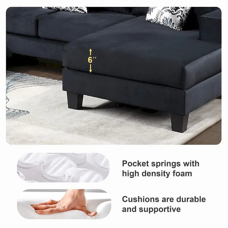 Canapé sectionnel moderne en forme de U, canapé d'angle en velours avec de nombreux coussins inclus